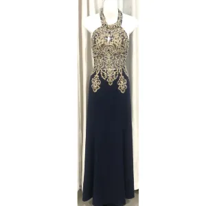 ENVIOUS COUTURE Navy & Gold Sheer Halter Long Dress Size 12