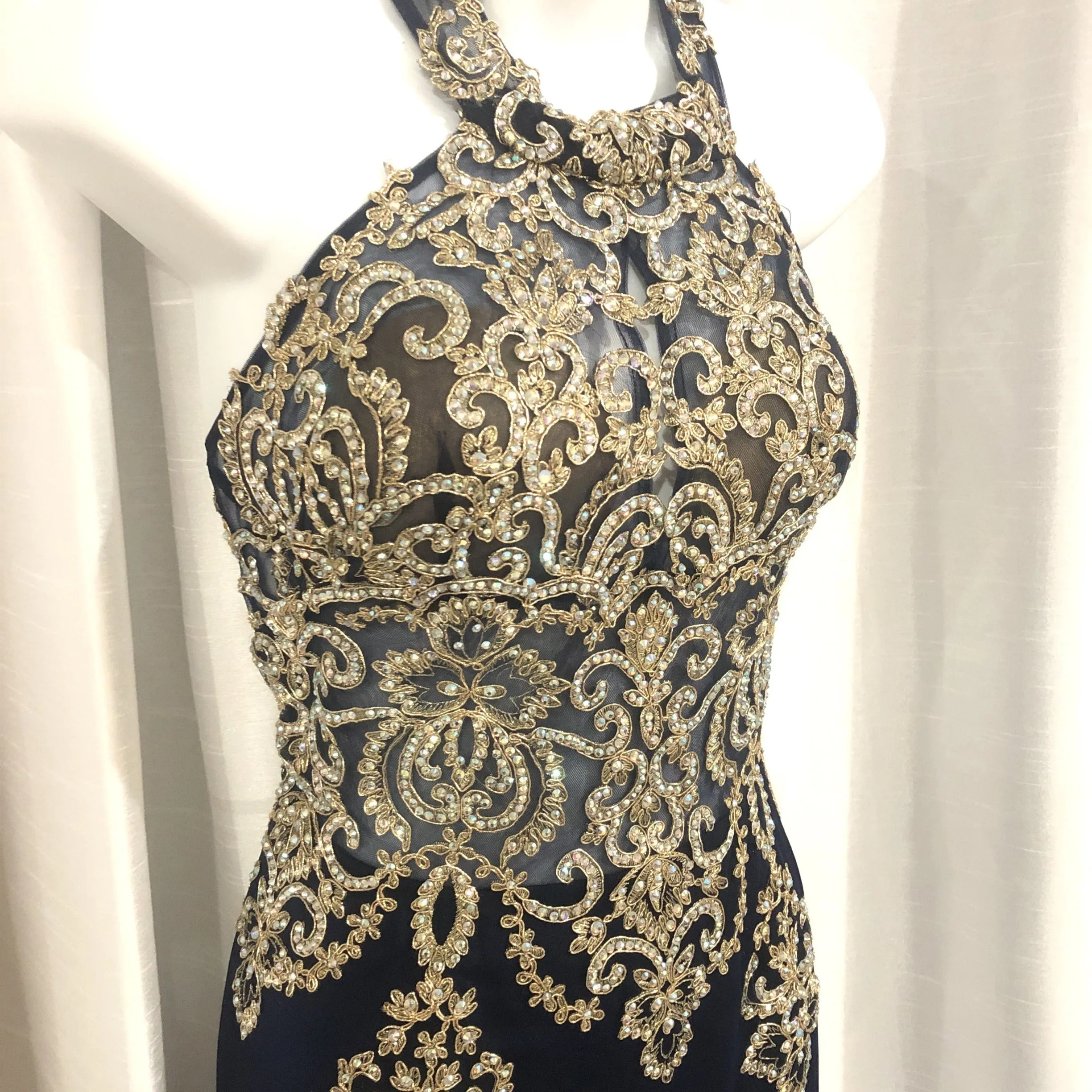 ENVIOUS COUTURE Navy & Gold Sheer Halter Long Dress Size 12
