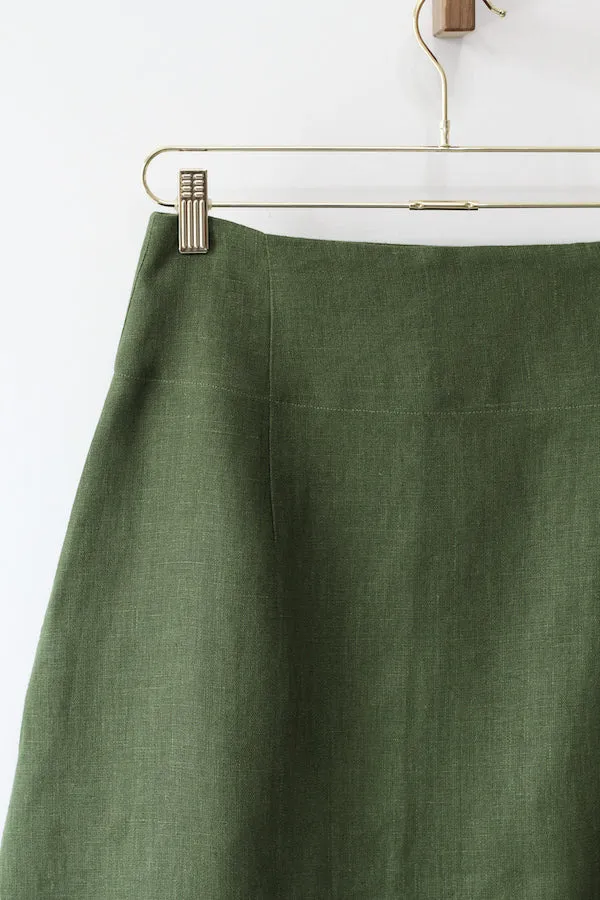 EVERYDAY BEAUTIFUL A-LINE APRON WRAP SKIRT IN MOSS GREEN LINEN