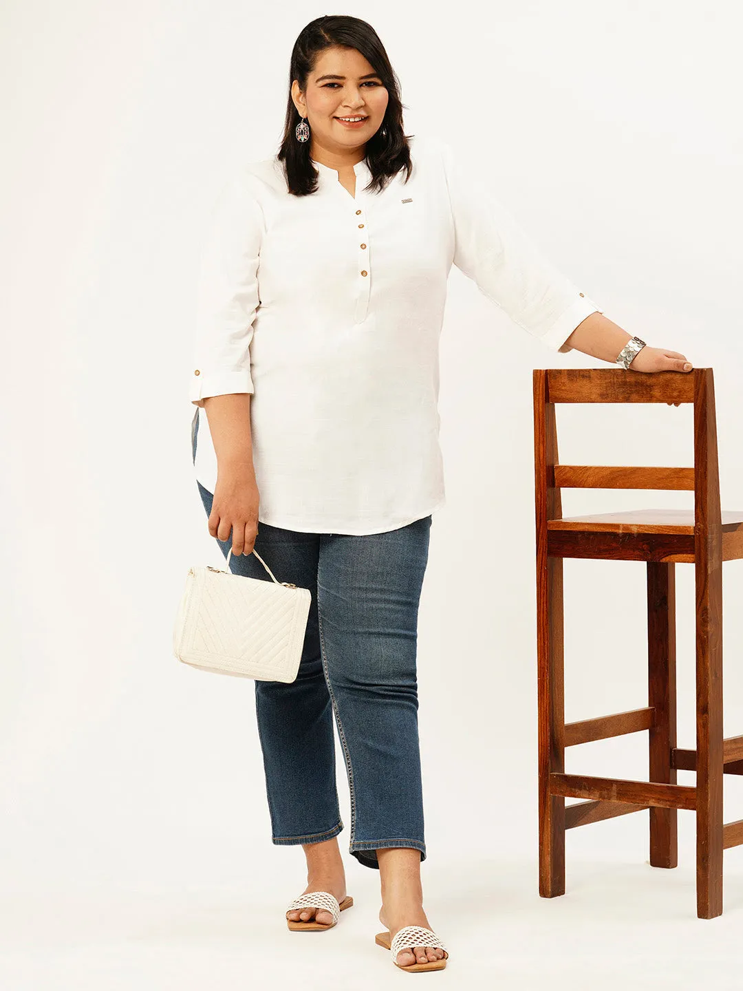 Exclusive Mandarin Collar Rayon Solid White Straight Tunic For Women ZOLA