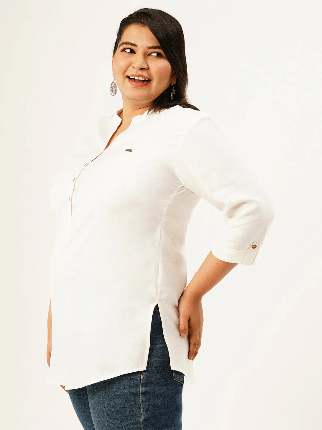 Exclusive Mandarin Collar Rayon Solid White Straight Tunic For Women ZOLA