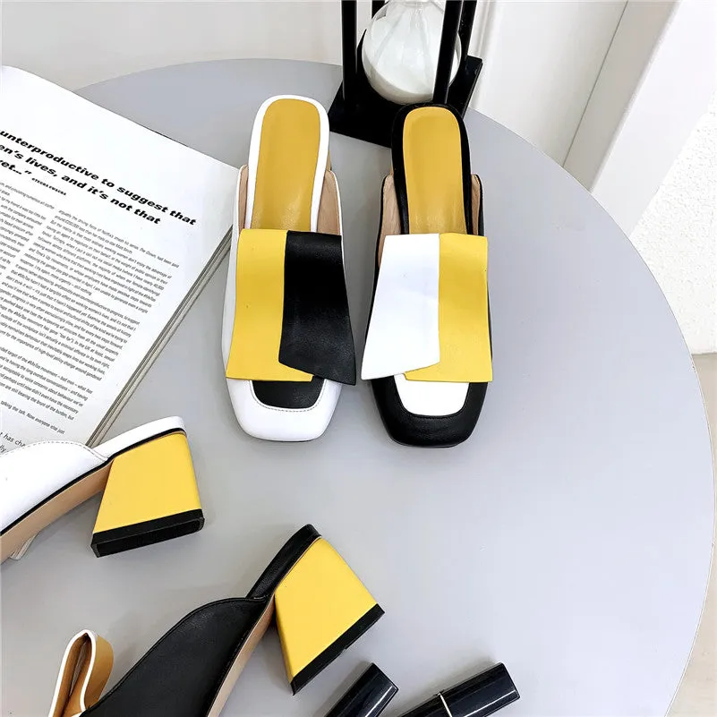 Fashion Mixed Colors Pu Leather Women Pumps Classic Rome Square Toe Hoof Heels Summer Sandals Mules Casual Shoes Woman