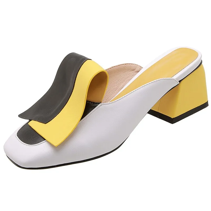 Fashion Mixed Colors Pu Leather Women Pumps Classic Rome Square Toe Hoof Heels Summer Sandals Mules Casual Shoes Woman