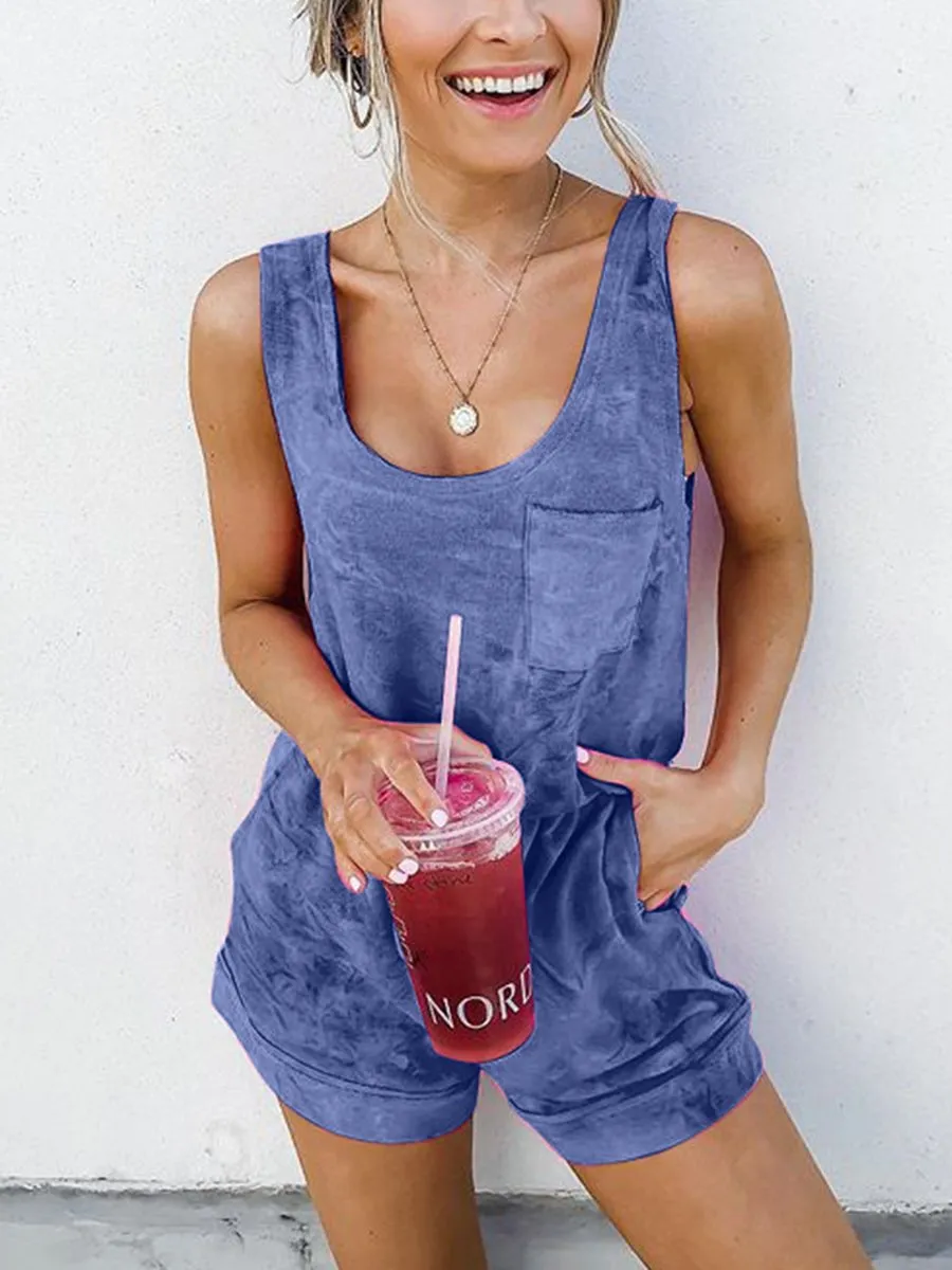 Fashion Tie Dye Sleeveless Pocket Rompers