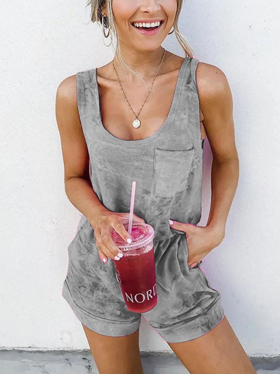 Fashion Tie Dye Sleeveless Pocket Rompers
