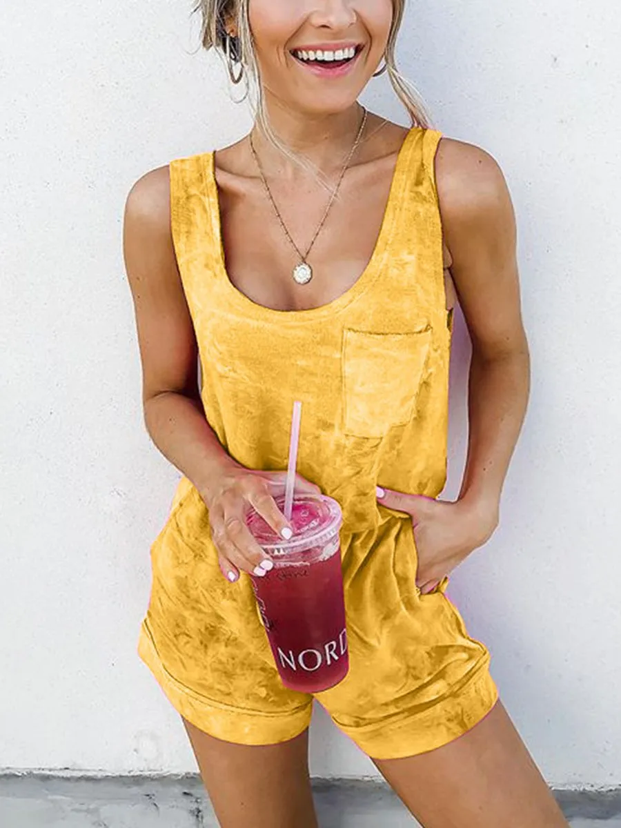 Fashion Tie Dye Sleeveless Pocket Rompers