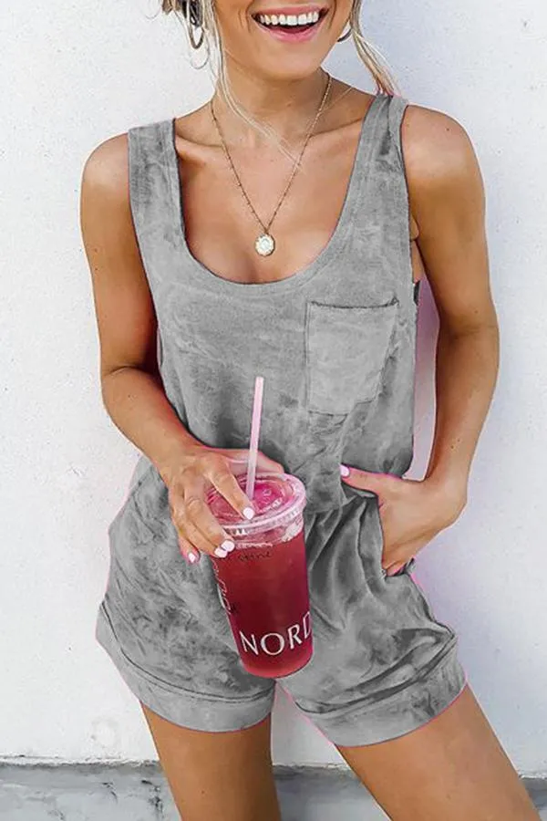 Fashion Tie Dye Sleeveless Pocket Rompers