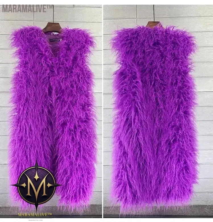 Faux Mongolia Sheep Fur Women Long Vest Colorful Warm Faux Fur Big Size Plush Coats Female Jacket Autumn Winter Furry Outerwear