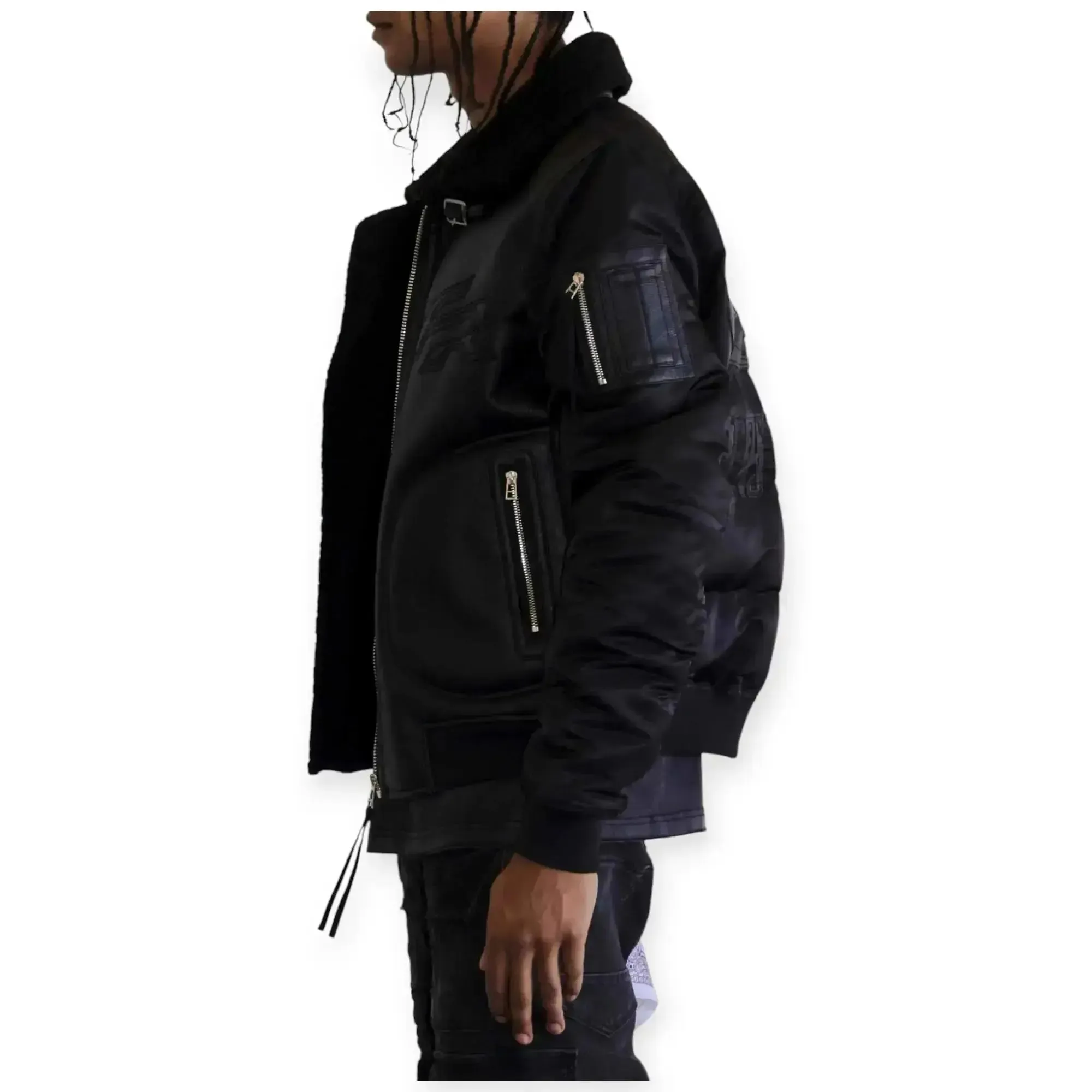 First Row Men Mustang MA-1 Varsity Bomber Jacket With Faux Fur (Black)