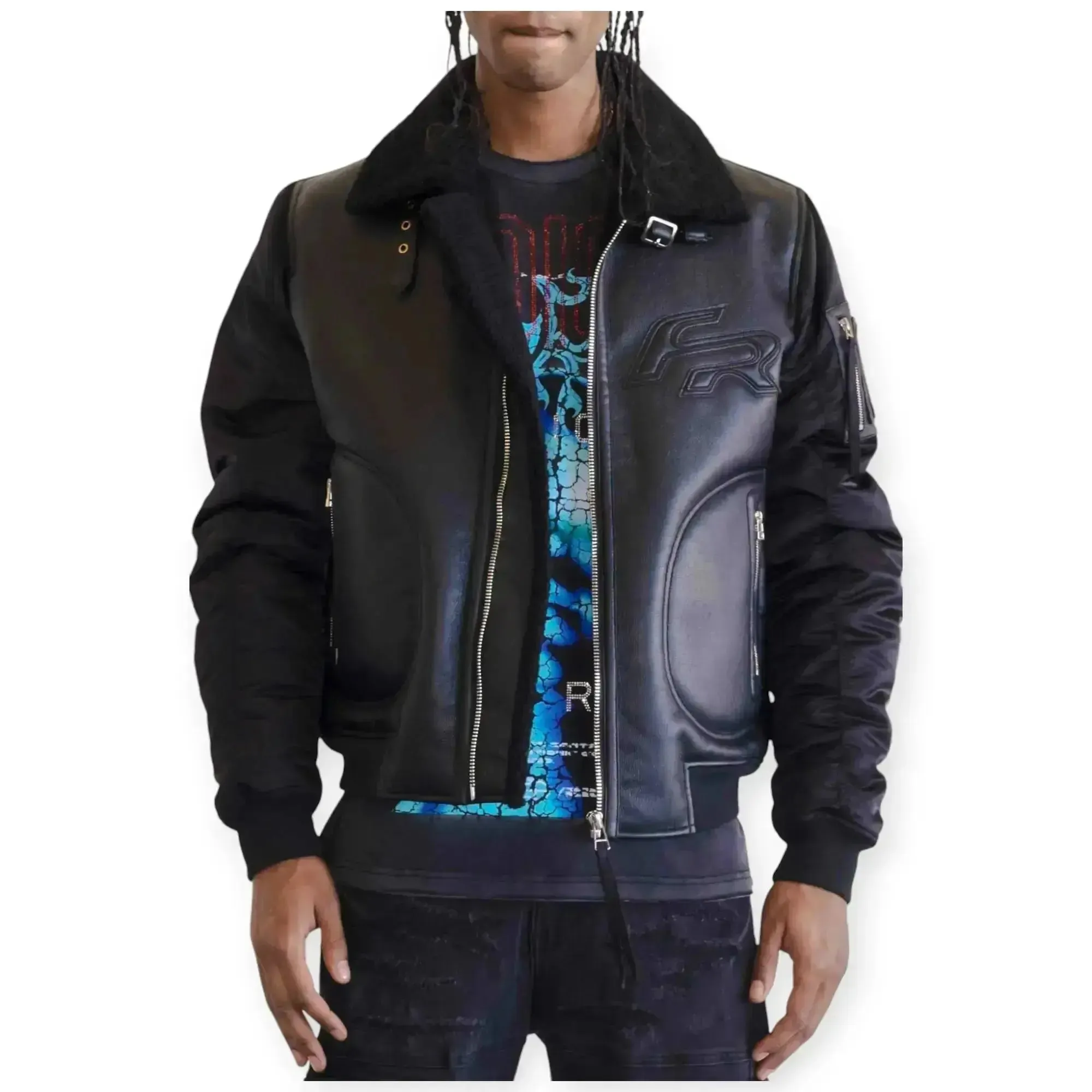 First Row Men Mustang MA-1 Varsity Bomber Jacket With Faux Fur (Black)