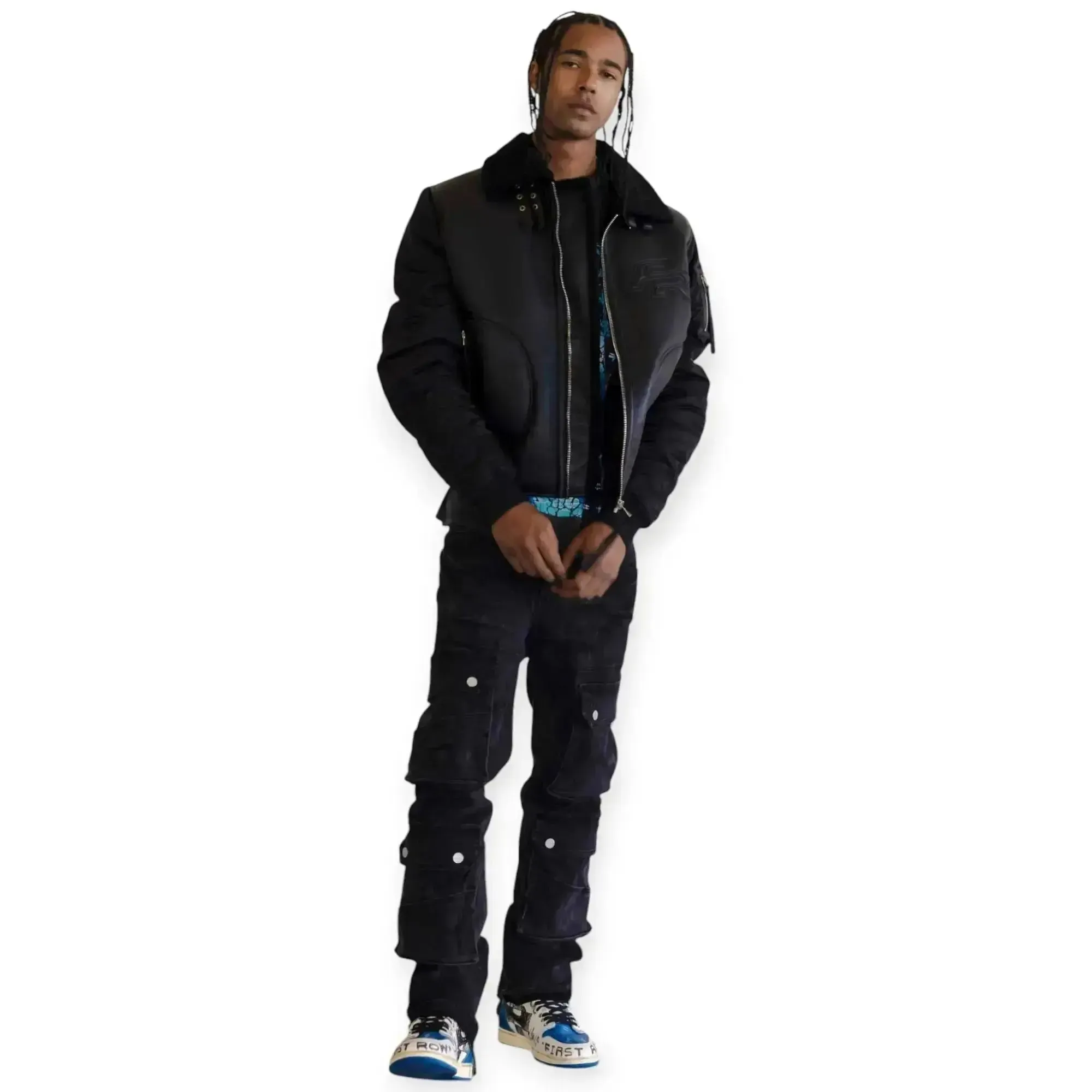 First Row Men Mustang MA-1 Varsity Bomber Jacket With Faux Fur (Black)