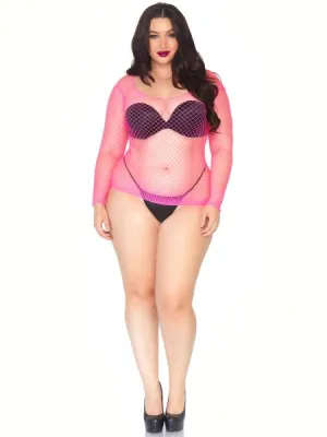 Fishnet Long Sleeve Top - Neon Pink - Size 1/2X