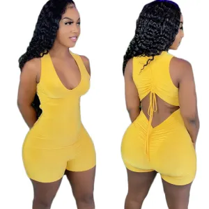 Flaunt Factor Ruched Halter Backless Romper