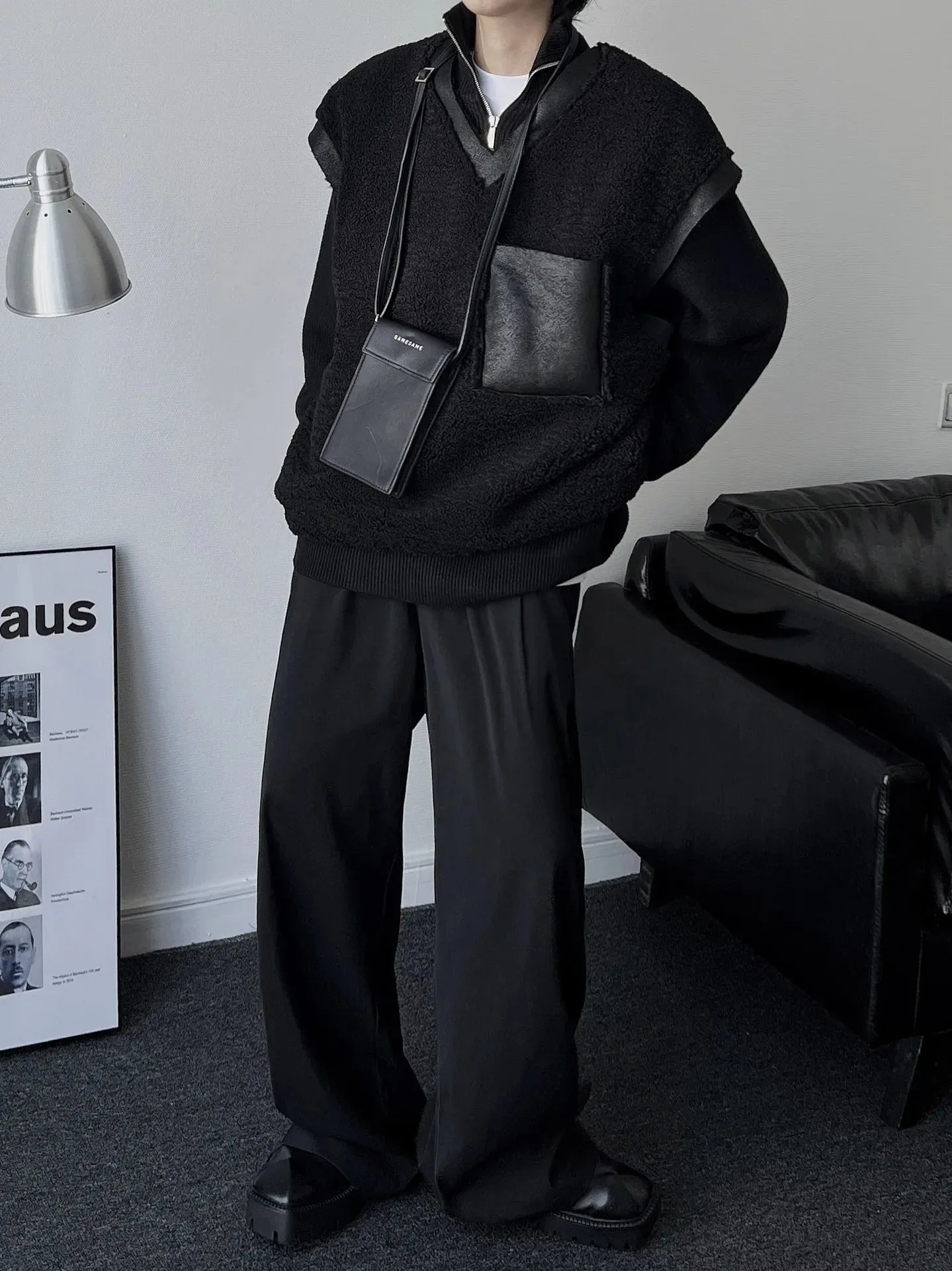 Fleece Vest Jacket Leather Velvet Patchwork