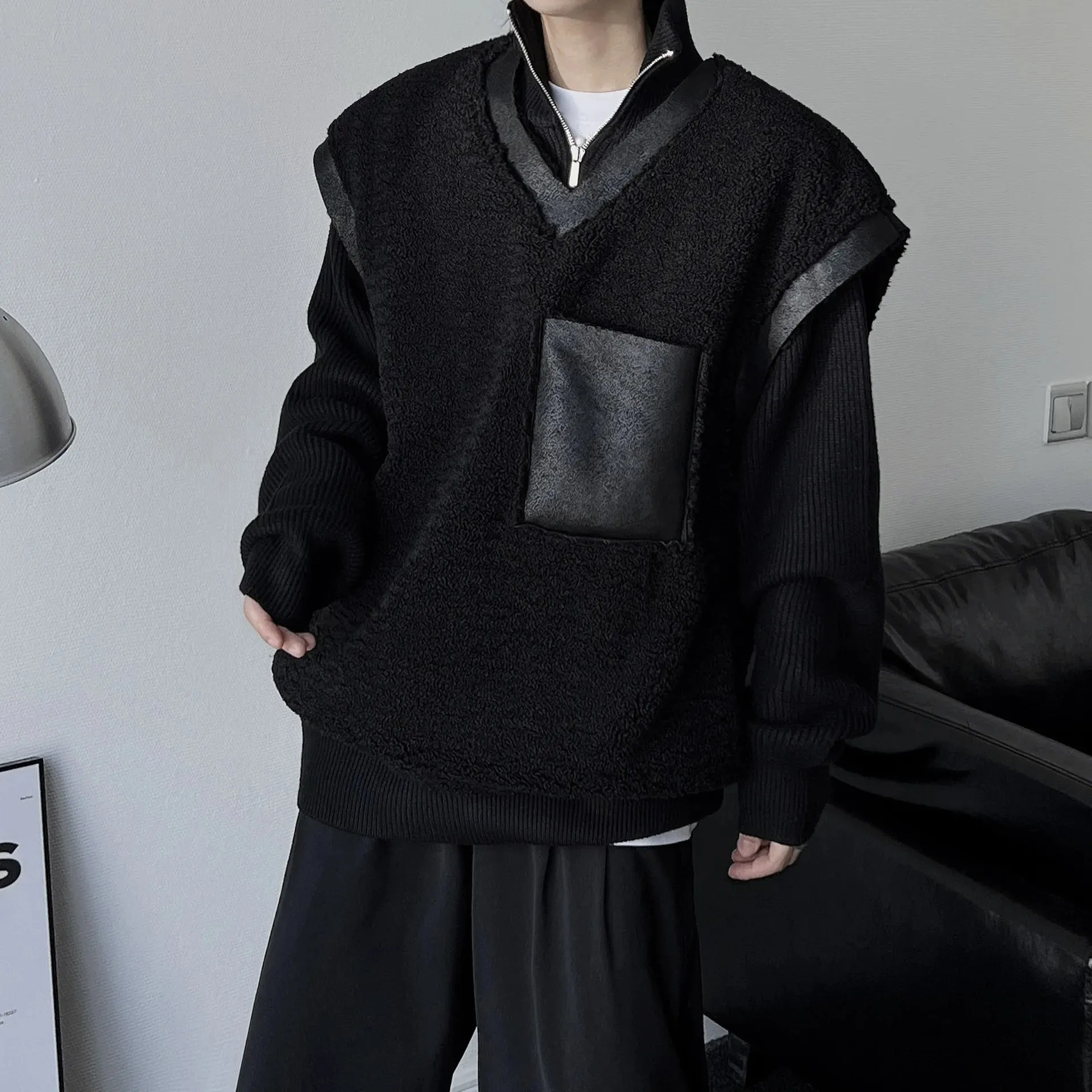Fleece Vest Jacket Leather Velvet Patchwork