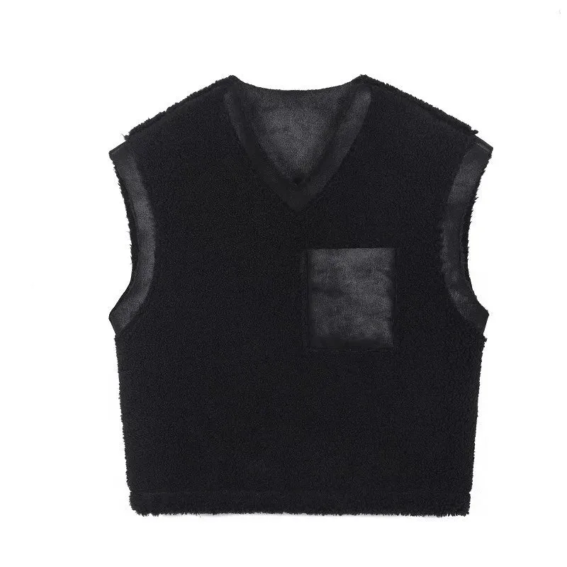 Fleece Vest Jacket Leather Velvet Patchwork