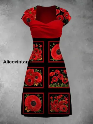 Floral Art Print Short Sleeve Vintage Dress
