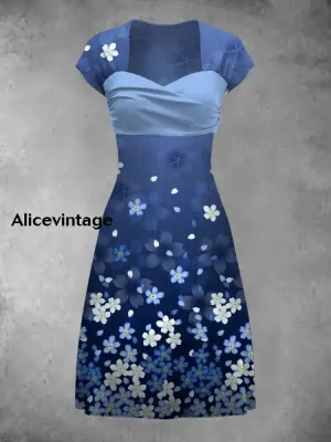 Floral Art Print Short Sleeve Vintage Elegant Midi Dress