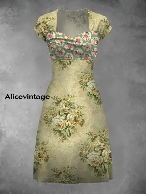 Floral Art Print  Vintage Elegant Short Sleeve Midi Dress