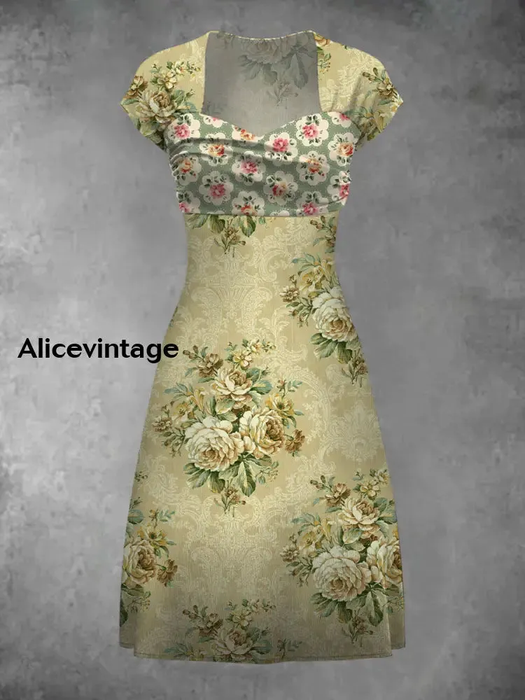 Floral Art Print  Vintage Elegant Short Sleeve Midi Dress
