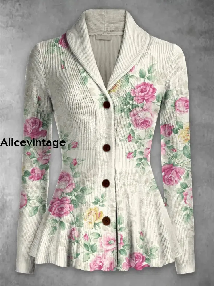 Floral Print Vintage Elegant Lapel V-Neck Button Up Long Sleeve Top