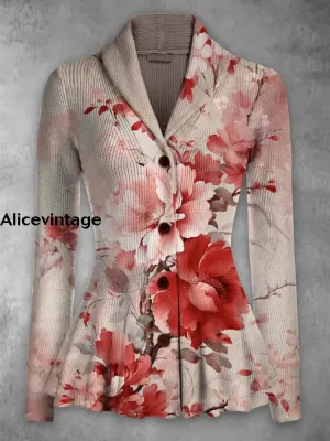 Floral Print Vintage Elegant Lapel V-Neck Button Up Long Sleeve Top