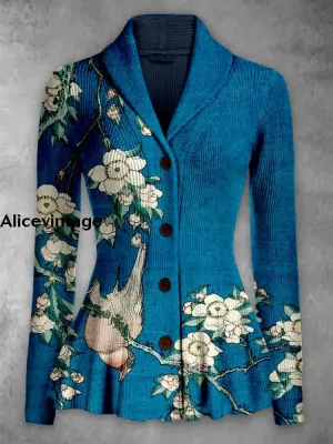 Floral Print Vintage Elegant Lapel V-Neck Button Up Long Sleeve Top