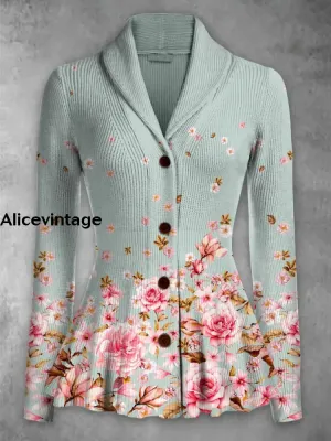 Floral Print Vintage Elegant Lapel V-Neck Button Up Long Sleeve Top