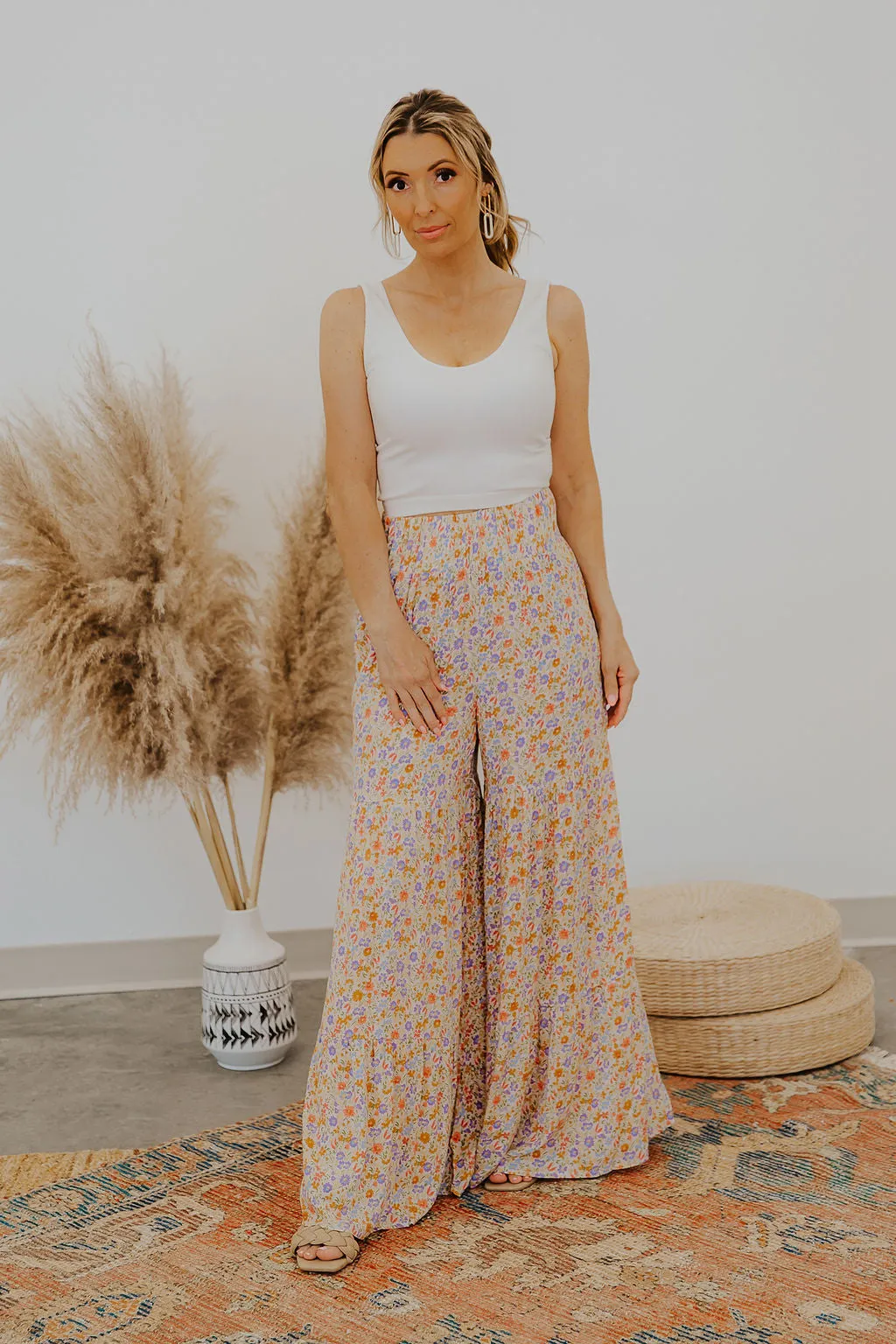 FLORAL WIDE LEG PALAZZO PANTS W/ WIDE ELASTIC WAISTBAND