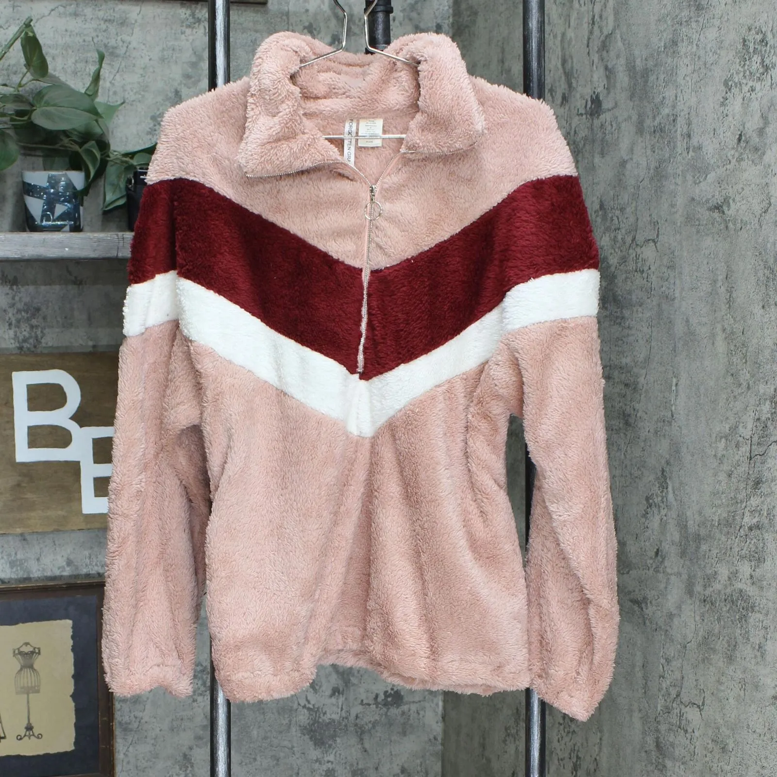 Forgotten Grace Faux Fur Chevron 1/2-Zip Pullover Fleece Jacket