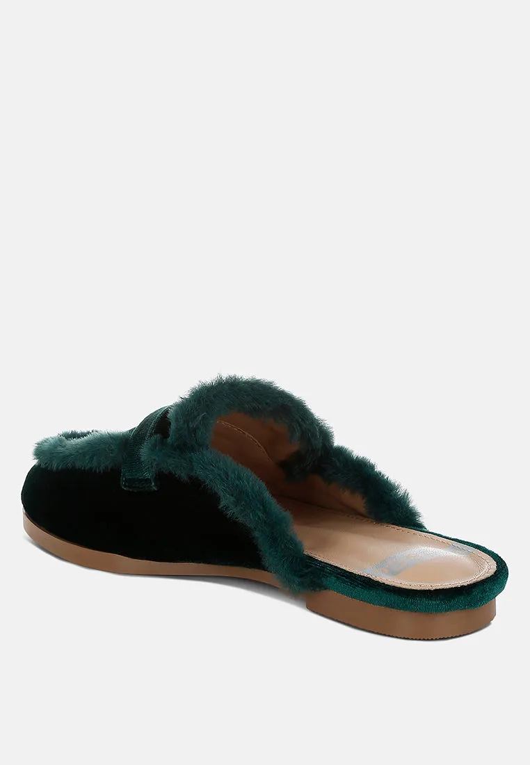 Fur Detail Velvet Slip-On Mules By RUW
