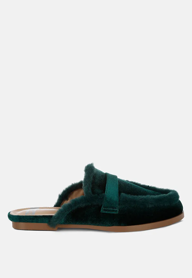 Fur Detail Velvet Slip-On Mules By RUW