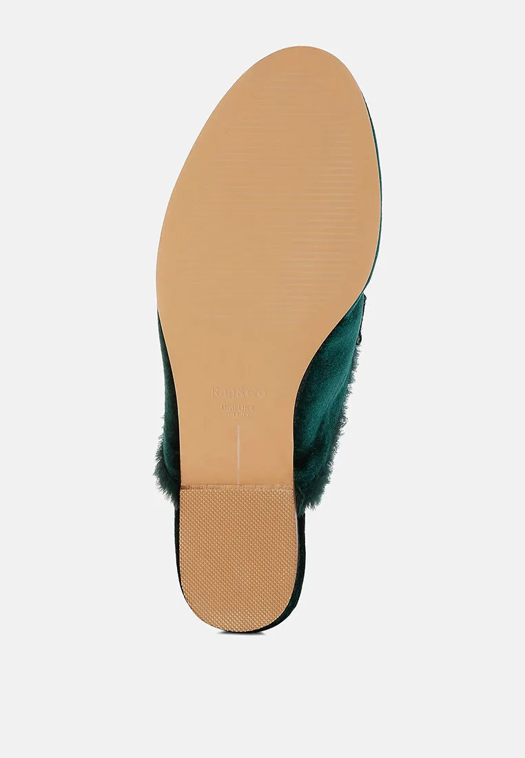 Fur Detail Velvet Slip-On Mules By RUW