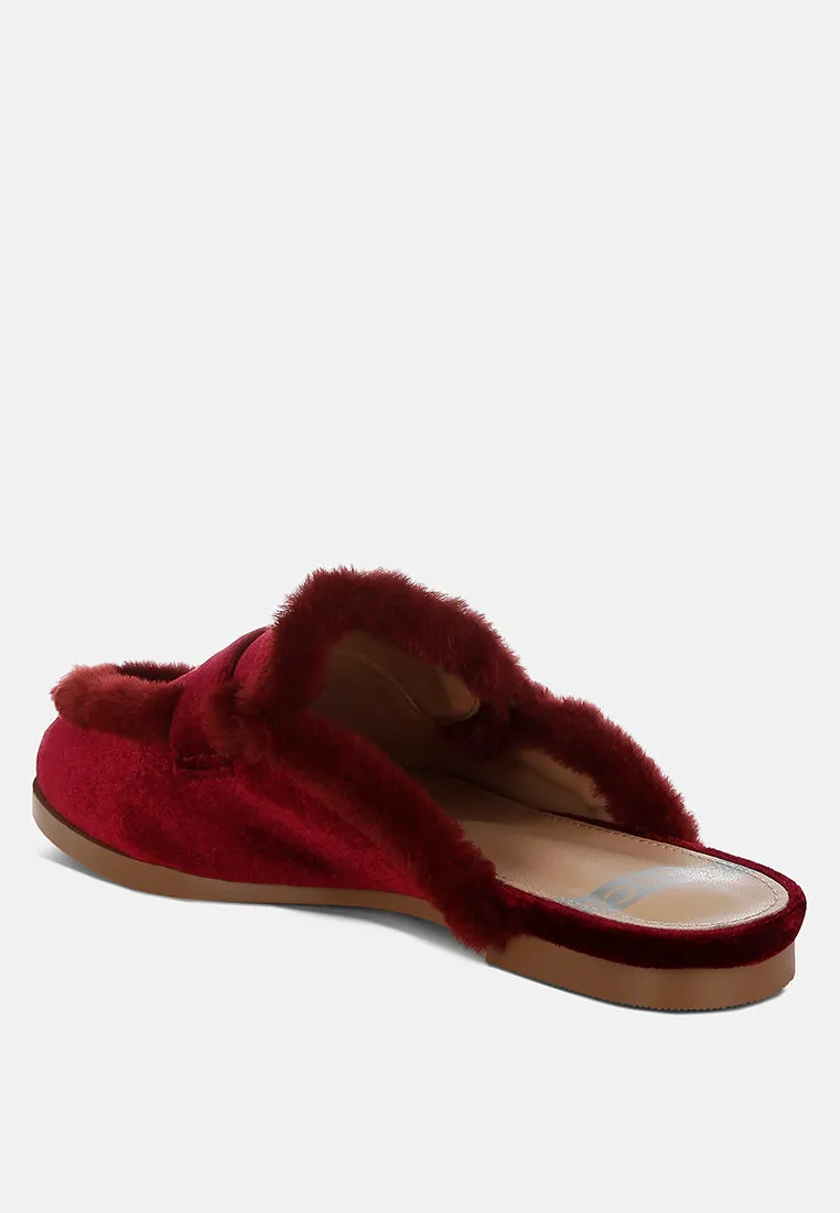 Fur Detail Velvet Slip-On Mules By RUW