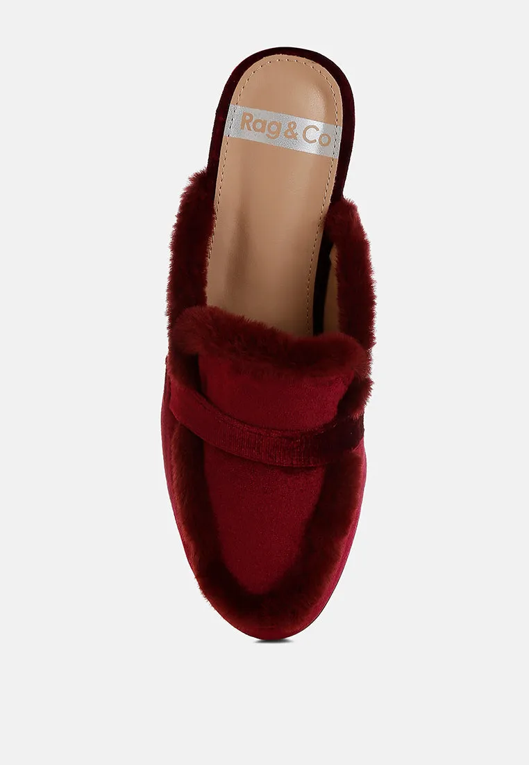 Fur Detail Velvet Slip-On Mules By RUW