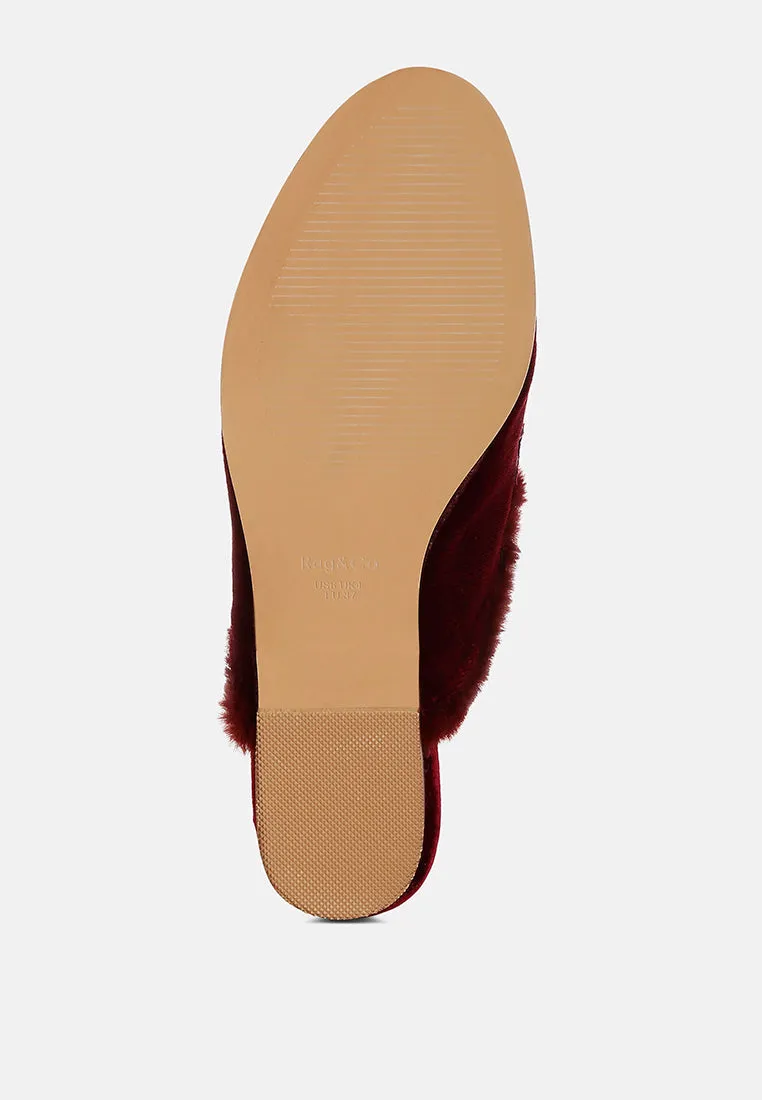 Fur Detail Velvet Slip-On Mules By RUW