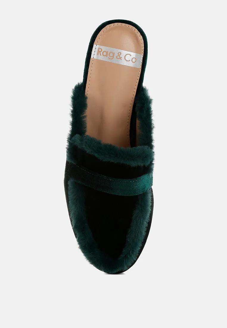 Fur Detail Velvet Slip-On Mules By RUW