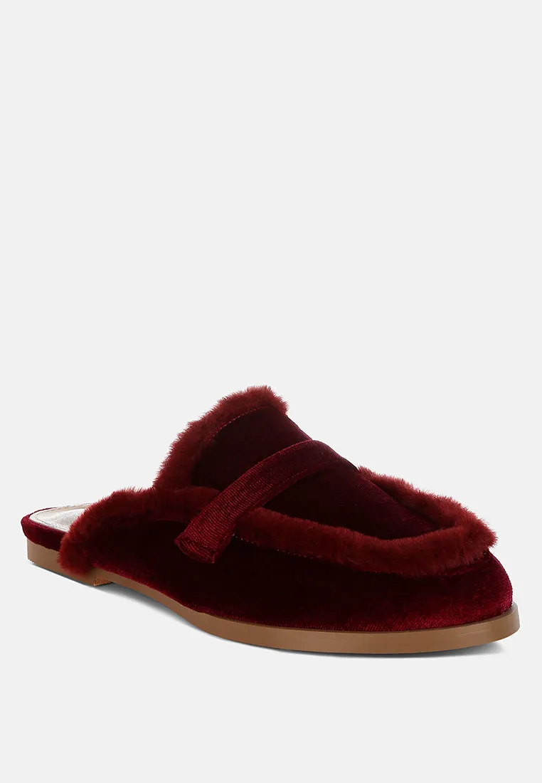 Fur Detail Velvet Slip-On Mules By RUW