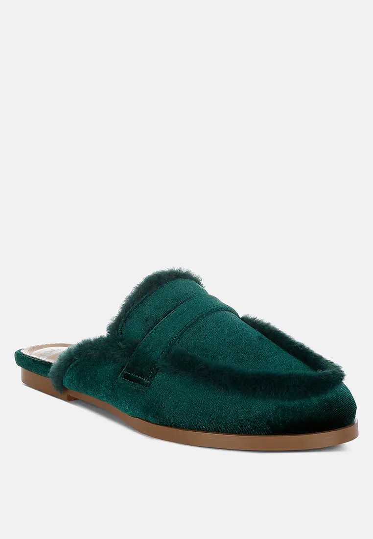 Fur Detail Velvet Slip-On Mules By RUW