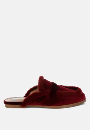 Fur Detail Velvet Slip-On Mules By RUW