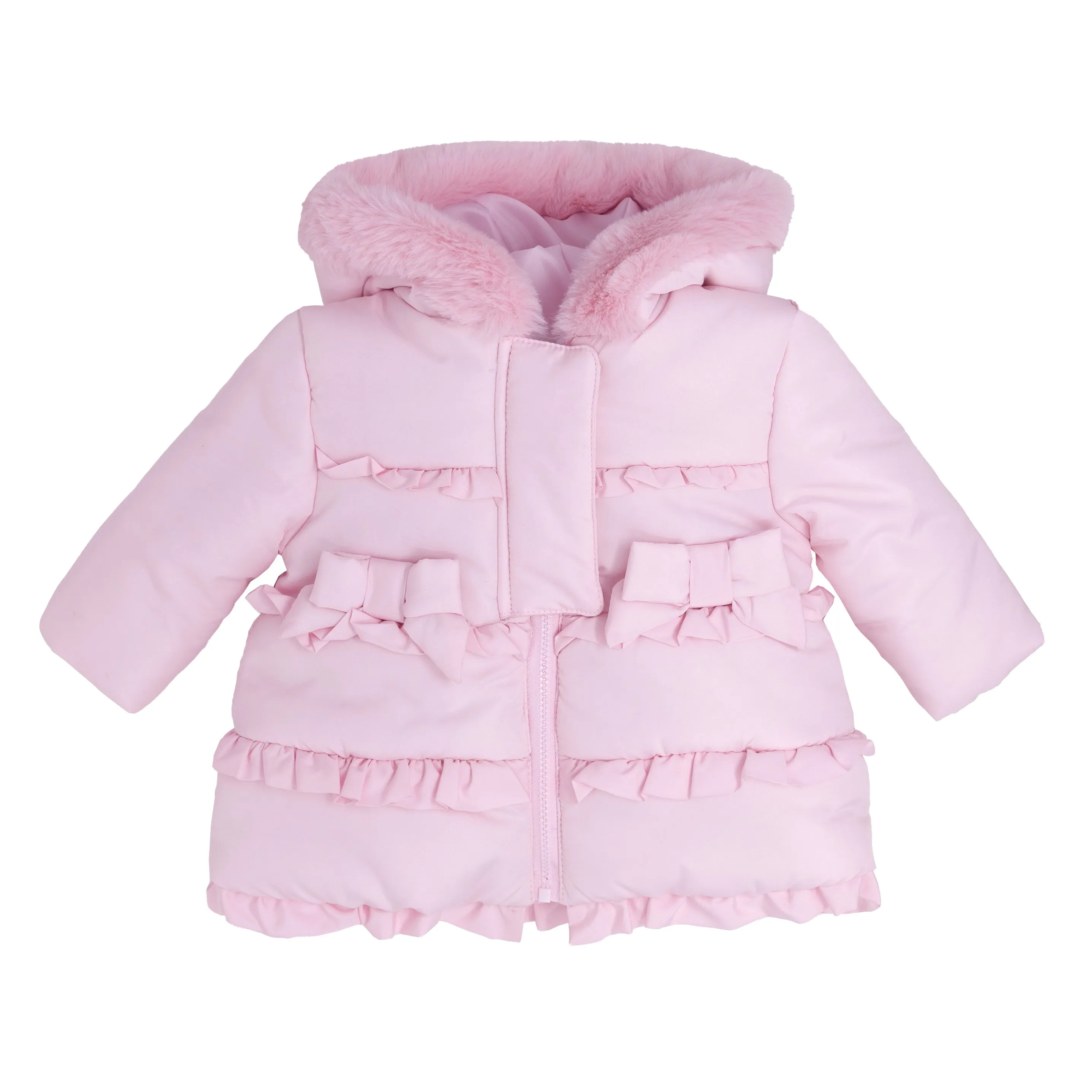 Girls bow and ruffle frilled quilted jacket with faux fur hood
