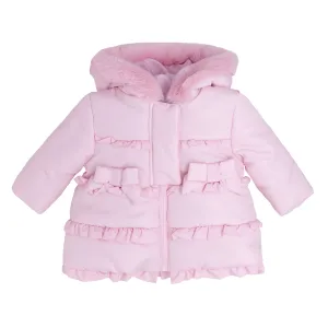 Girls bow and ruffle frilled quilted jacket with faux fur hood