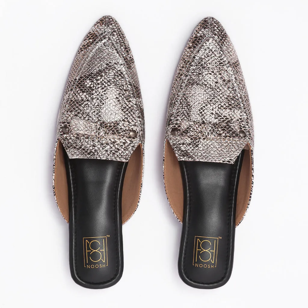 Glam Embellished Vegan Snake Skin Mule - Silver