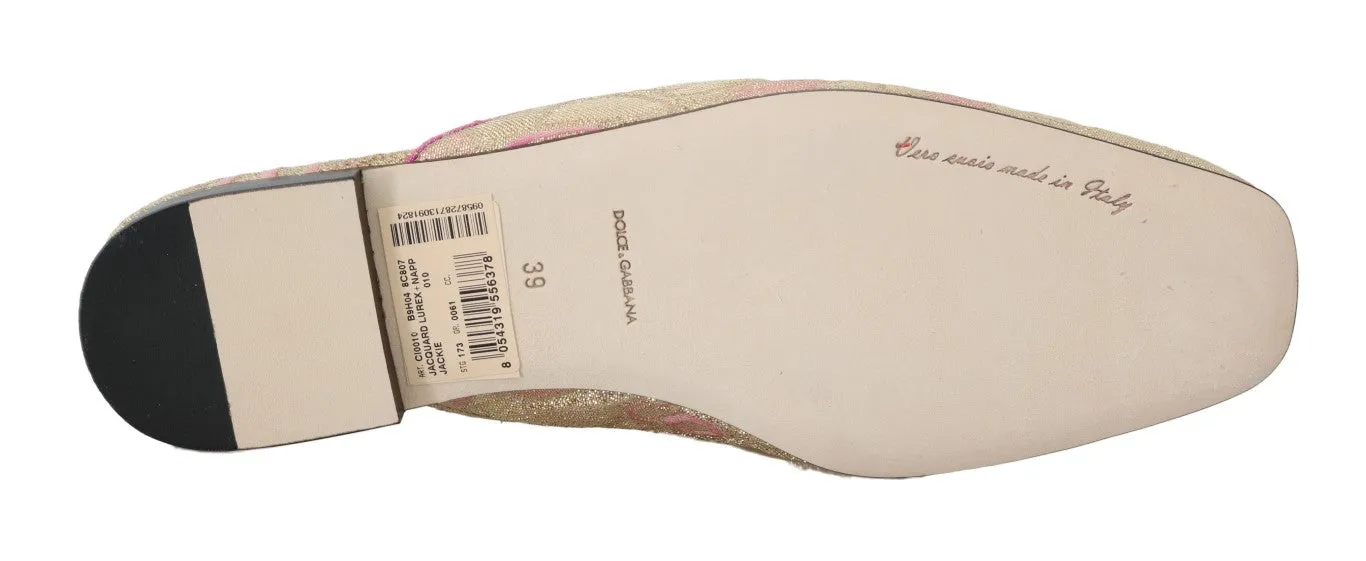 Gold Pink Brocade Floral Slides Mules Shoes