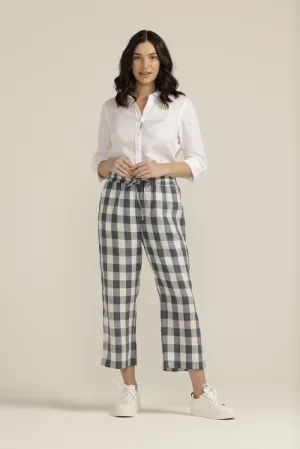 Goondiwindi Cotton Linen Gingham Cropped Pant - Navy/White