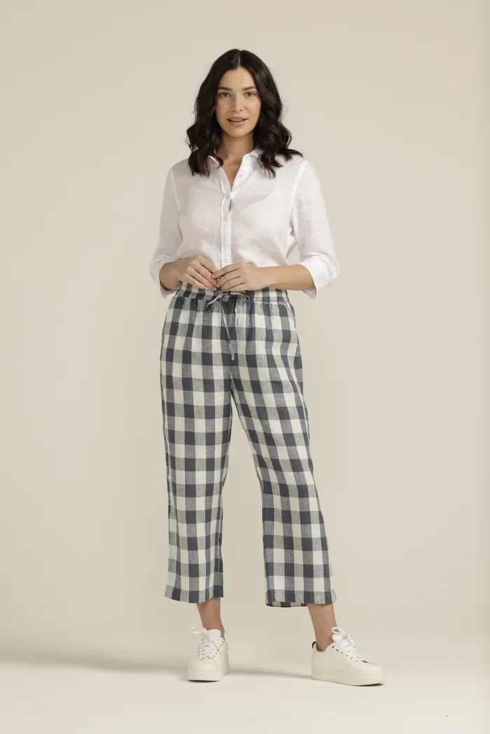 Goondiwindi Cotton Linen Gingham Cropped Pant - Navy/White