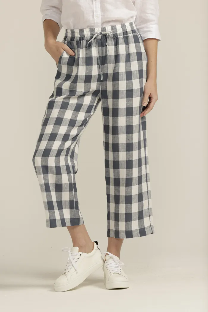 Goondiwindi Cotton Linen Gingham Cropped Pant - Navy/White