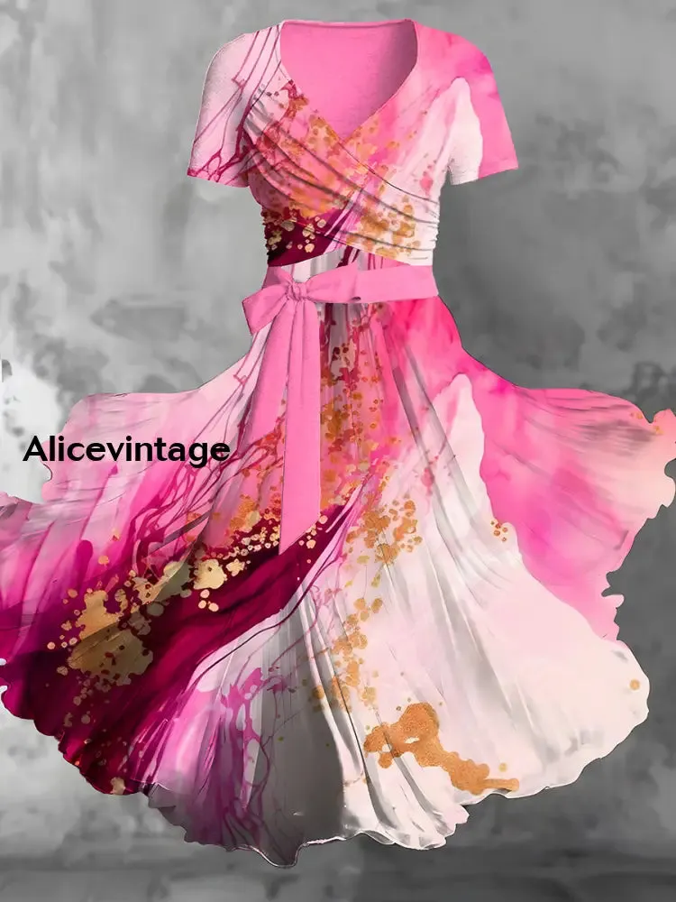 Gradient Marble Art Print V-Neck Short Sleeve Two-Piece Vintage Midi Dress