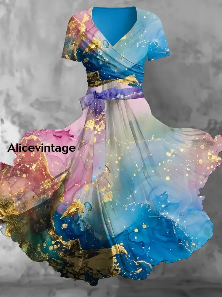 Gradient Marble Art Print V-Neck Short Sleeve Two-Piece Vintage Midi Dress