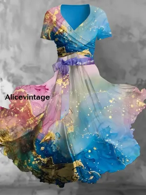 Gradient Marble Art Print V-Neck Short Sleeve Two-Piece Vintage Midi Dress